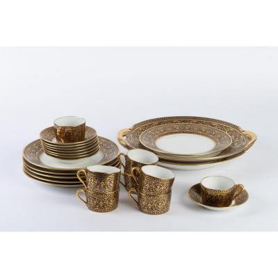 Cake Service And Cups Black And Gold , Porcelain Legrand  Limoges 1915