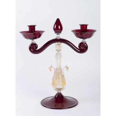One  Candlestick Venitian (murano) Ruby Red With   2 Swans 1910