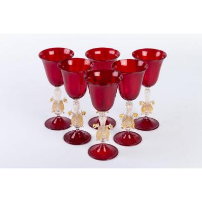 Six Vénitian (murano) Glass Ruby Red With 2 Swanson The Feet  1910