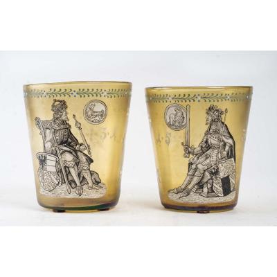 Pair Of Enamel Goblets Fritz Heckert Petersdorf (1837-1887)