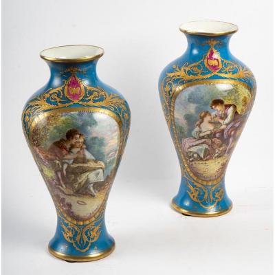 Pair Of Celestial Blue Vases With Gallant Scenes And Flowers Late 19th Century (france)