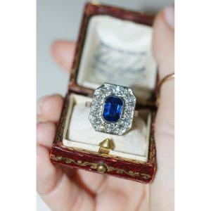  Art Deco Style Hexagonal Sapphire And Diamond Ring In Platinum