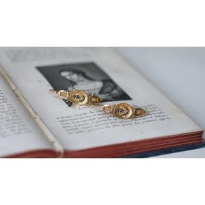 Antique Poissardes Earrings Heart And Flower Enamel On Gold
