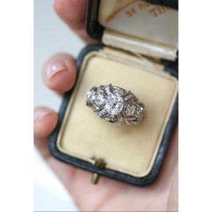 Mauboussin Dome Ring Diamond Cushion 1.57 Cts On Platinum 1950s