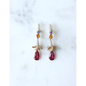 Lorenz Bäumer Long Rubellite, Sapphire, Heliodor And Diamond Earrings In Yellow Gold