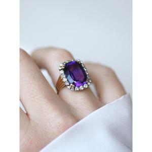 Amethyst And Diamond Cocktail Ring On Rose Gold And Platinum, 1960s