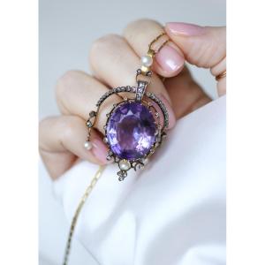 Victorian Amethyst Pendant With Diamonds And Natural Pearls On Rose Gold And Silver