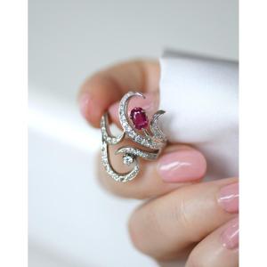 Arabesque Ring With Unheated Burmese Ruby And Diamonds On White Gold