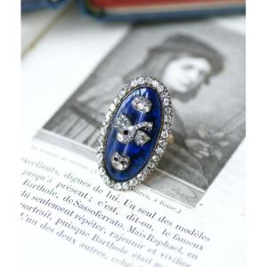 Georgian 18th Century Navette Ring With Diamonds, Blue Paste, Gold And Silver