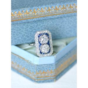 Art Deco Rectangular Ring With  Diamonds & Square Sapphires
