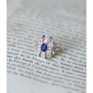 Art Deco Dome Ring With Sapphire And Diamonds On Platinum