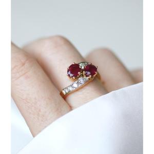 You & Me Engagement Ring With Burmese Ruby And Diamonds On Yellow Gold