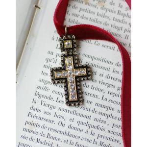 Victorian Diamond Cross With Black Enamel On Yellow Gold And Silver