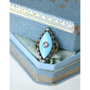 Antique Navette Ring With Diamond And Blue Paste On Gold And Silver