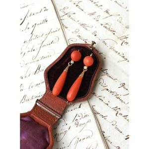 Victorian Coral Drop And Pearl Pendant Earrings On Yellow Gold