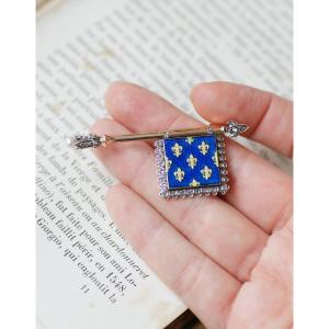Antique Royalist Flag Brooch Heraldic Lily, Diamonds, Pearl, Enamel On Gold And Silver