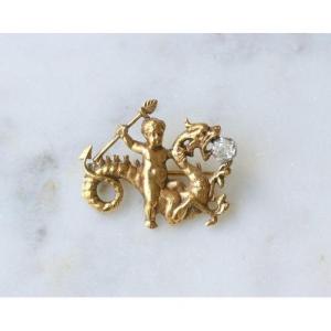 Antique Putto Riding A Dragon Gold And Diamond Brooch