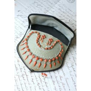Victorian Coral Set With Necklace, Earrings, And Ring On Yellow Gold