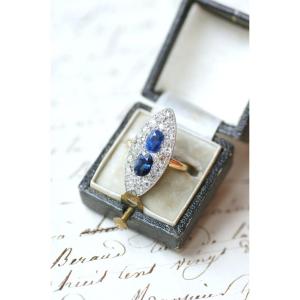 Edwardian Marquise Ring No Heat Ceylon Sapphires And Diamonds On Yellow Gold And Platinum