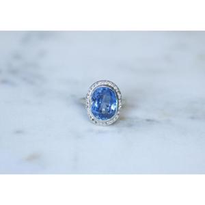 Oval Art Deco Ring No Heat Ceylon Sapphire 10.50 Cts And Diamonds On Gold And Platinum