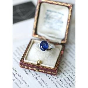 No Heat Ceylon Sapphire 3.50 Cts And Baguette Diamond On White Gold Ring