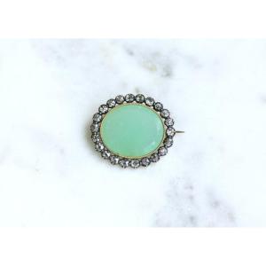 Antique Georgian Chrysoprase And Diamond Brooch On Rose Gold And Silver