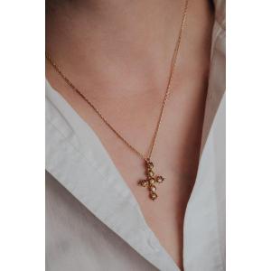 19th Century Cross In Yellow Gold 750/000, Pearl And Diamonds