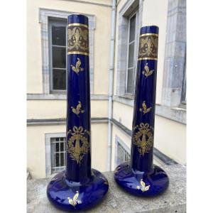 Jaget Pinon Porcelain From Tours, Pair Of Royal Blue Soliflore Vases