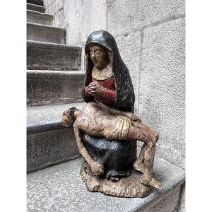 Piéta Religious Art Church Christ Virgin Mary Polychrome Wood Sculpture