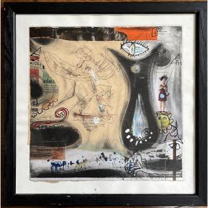 Kit Brown - Modern Art Brut Painting "moroccan Switzerland" Collage Painting Signed And Framed