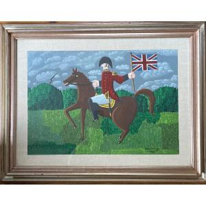 Oscar De Mejo (1911-1992) Italy Naive Art - Portrait English Cavalier Soldier Oil Signed