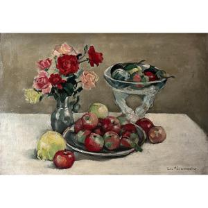 Eastern School Painting Still Life Bouquet Of Roses And Fruits Painting Signed Léo Abramowicz