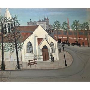 Naive Painting View Of Paris District Naive Painting Signed Armand Marie Guérin (1913-1983)