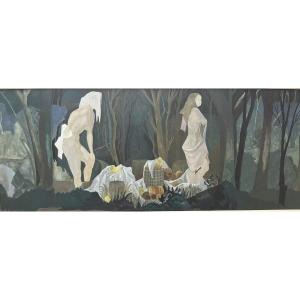 Symbolist Painting Nude Women Fruits Forest Gouache Aubusson Tapestry Signed André Chopy