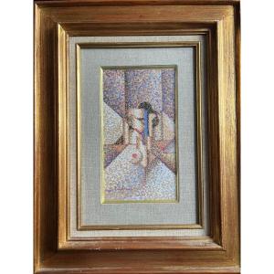 Pastel Gouache Painting Geometric Composition Pointillist Painting Signed Jacques Daihebesse