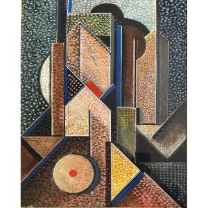 Oil Painting Geometric Pointillist Composition Painting Signed Jacques Daibehesse"