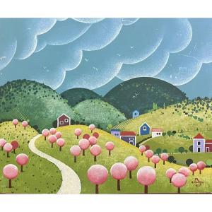 Naive Art Painting Landscape Countryside Trees Pink Naïve School Monogrammed Painting To Attribute