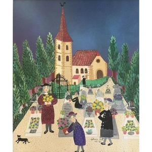 Naive Art Painting The Merry Cemetery French School Painting Signed Patricia Vest