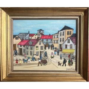 Naive Art Painting The Animated Village Square Naive Painting Signed Jacques Hara Born In 1933