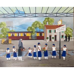 Naive Art Painting St Ouen Le Come Station Schoolgirls Painting Signed Hann Eimer