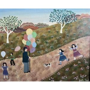 Naive School Painting The Balloon Merchant Painting Signed Josette Bardoux