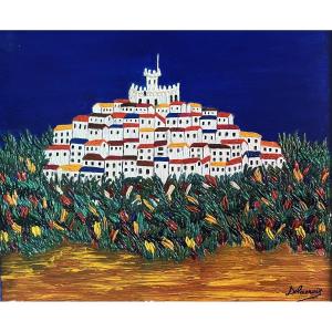 Naïve Art Painting Village Provence French Naïve Signed Emilienne Delacroix (1893-1990)