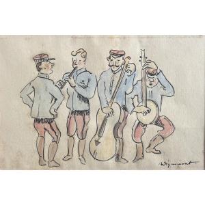 Painting Music Military Musicians Watercolor Signed André Dignimont