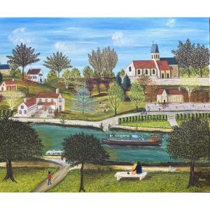 Naive Painting Guinguette Village Couple At The Water's Edge Naive Painting Signed Deny Laure