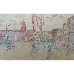Pointillist Watercolor Painting Of The Sea In The Port Of St Tropez By Lucien Neuquelman 1909-1988
