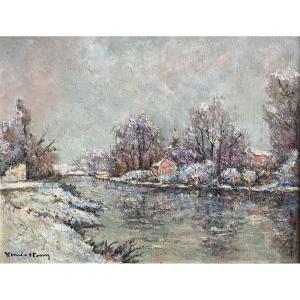 Snow Landscape Painting On The Banks Of The Marne, Signed Henri Verbrugghe, Known As Henri Stenn