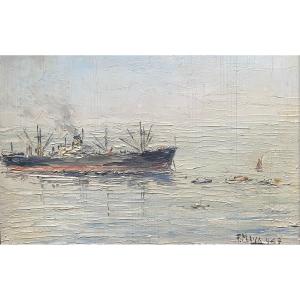 Portugal Maritime Painting Cargo At The Coast Of Sines Painting Signed Francisco Maya Dated 1947