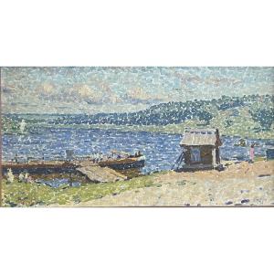 Antique Pointillist Painting Following Luce Marine Painting Monogram To Decipher 