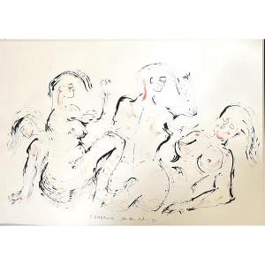 Painting Four Nude Women In Movement Large Ink Signed Jen Edern Hallier (1936-1997)