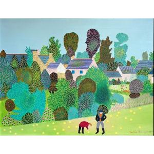 Naïve Art Painting, Animated Autumn Landscape From 1977, Painting Signed Berthe Mourges, Born In 1922